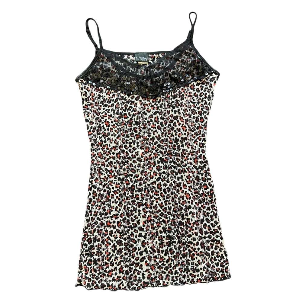 Daytrip Leopard Print Sequin Mesh Trim Camisole Tank Top Y2K Small